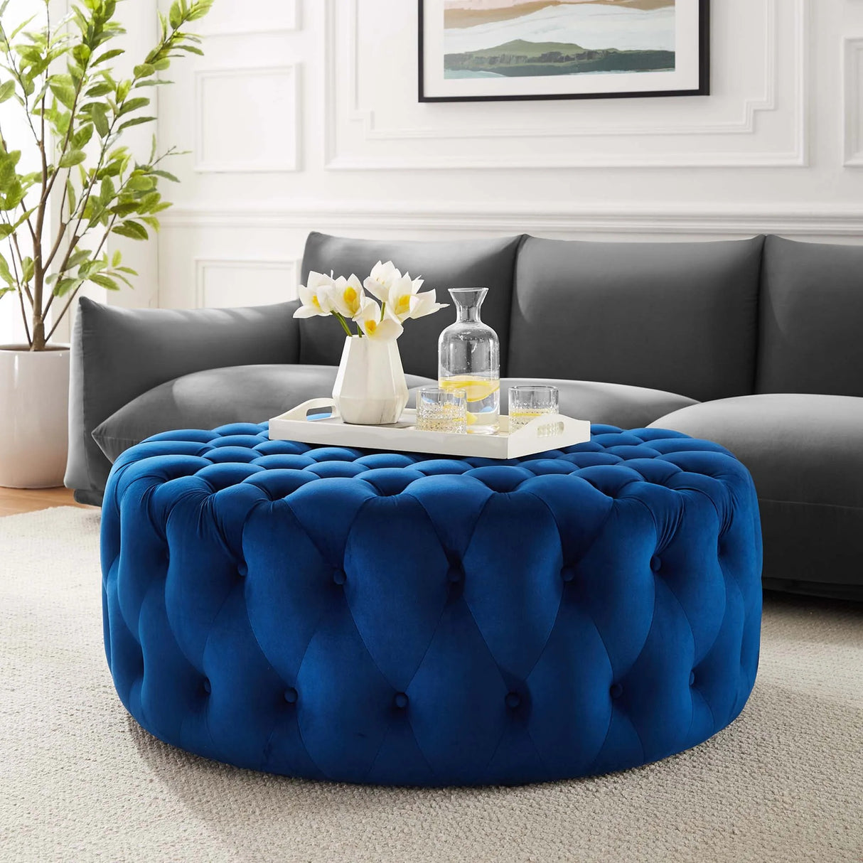 Large Round Tufted Velvet Ottoman – Upholstered 40 Inch