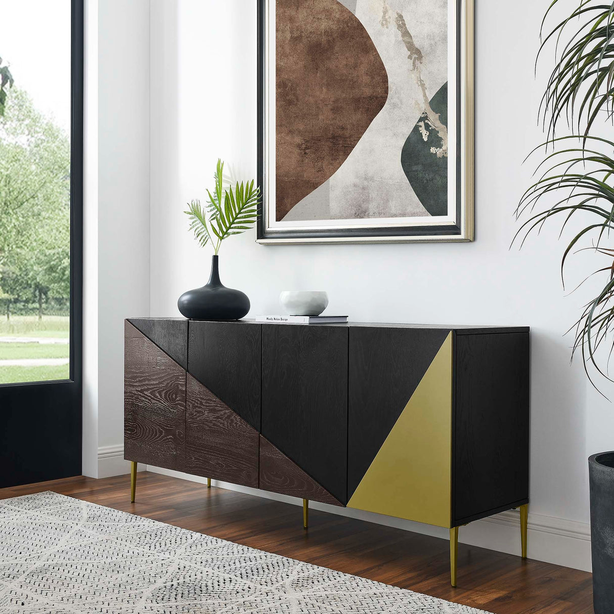 Geometric Wood Sideboard Storage Cabinet with Metal Legs – Oak Finish 68 Inch