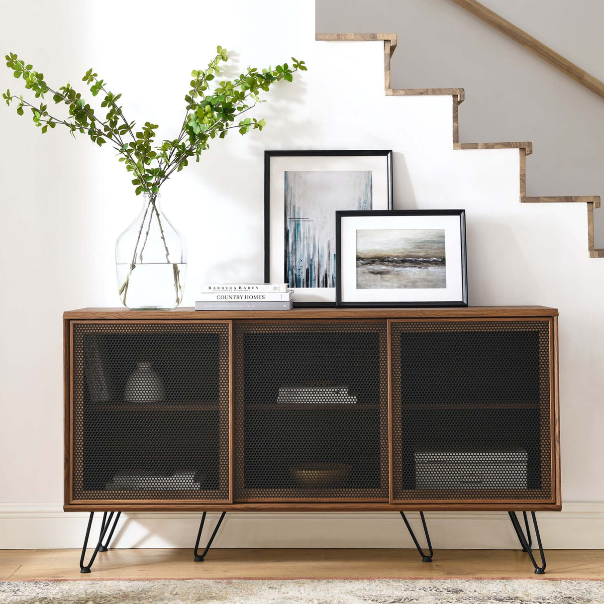 Industrial Metal Mesh 3-Door Sideboard – Wood Grain 59 Inch