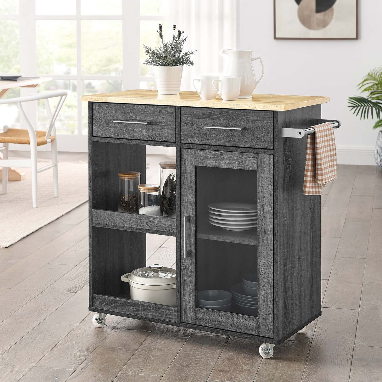 Modern Rolling Kitchen Cart with Rubberwood Top and Towel Bar β 34 Inch