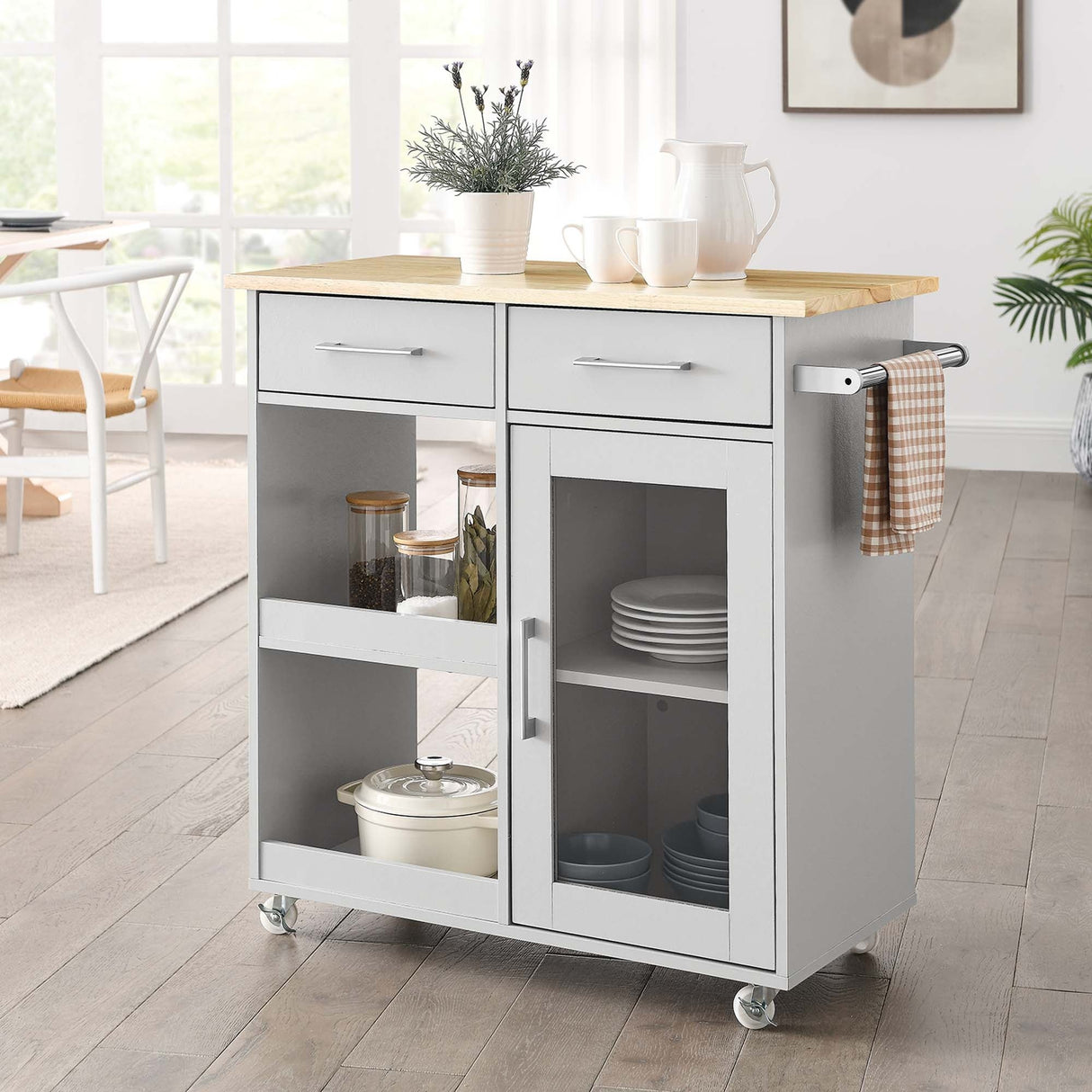 Modern Rolling Kitchen Cart with Rubberwood Top and Towel Bar β 34 Inch