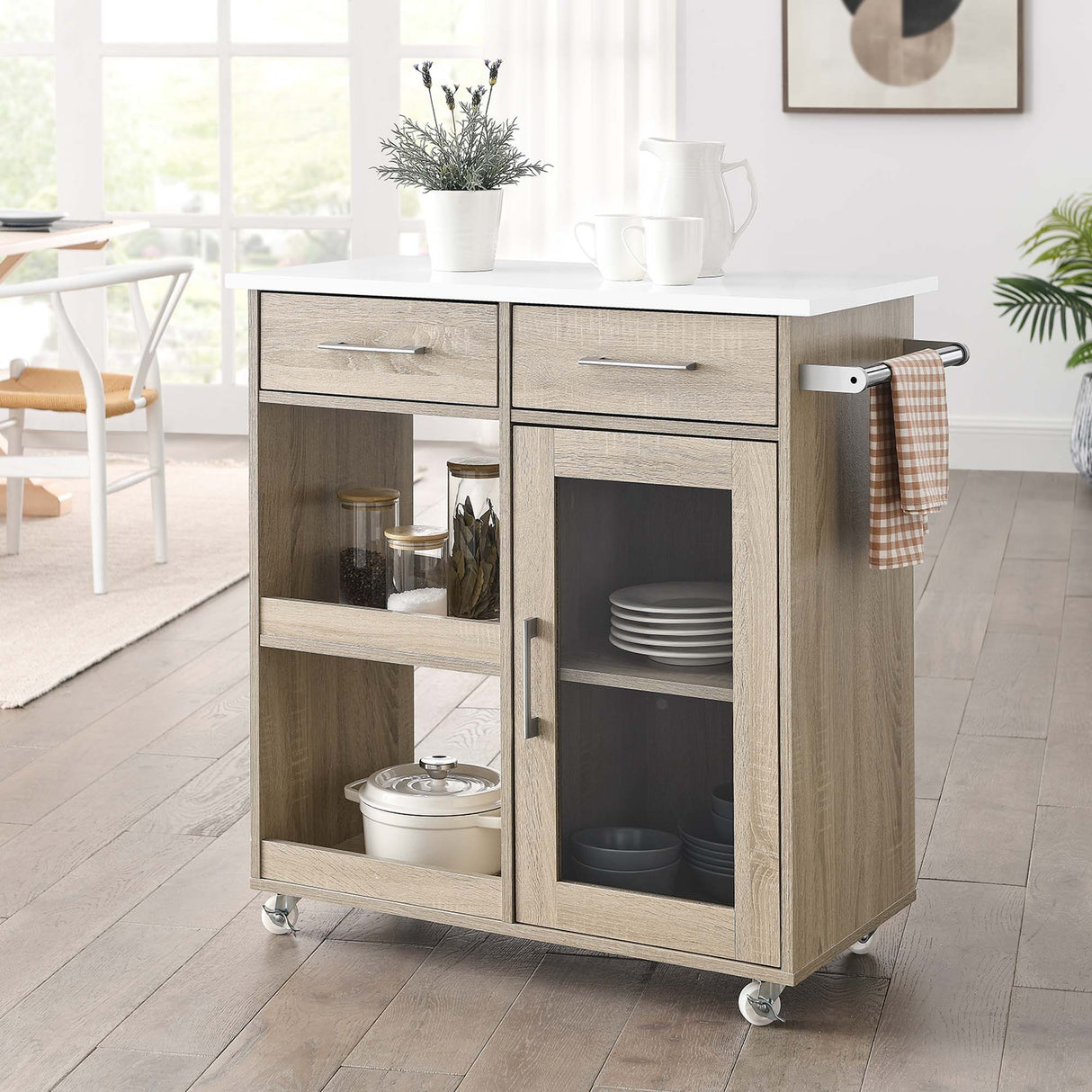 Modern Rolling Kitchen Cart with Rubberwood Top and Towel Bar β 34 Inch