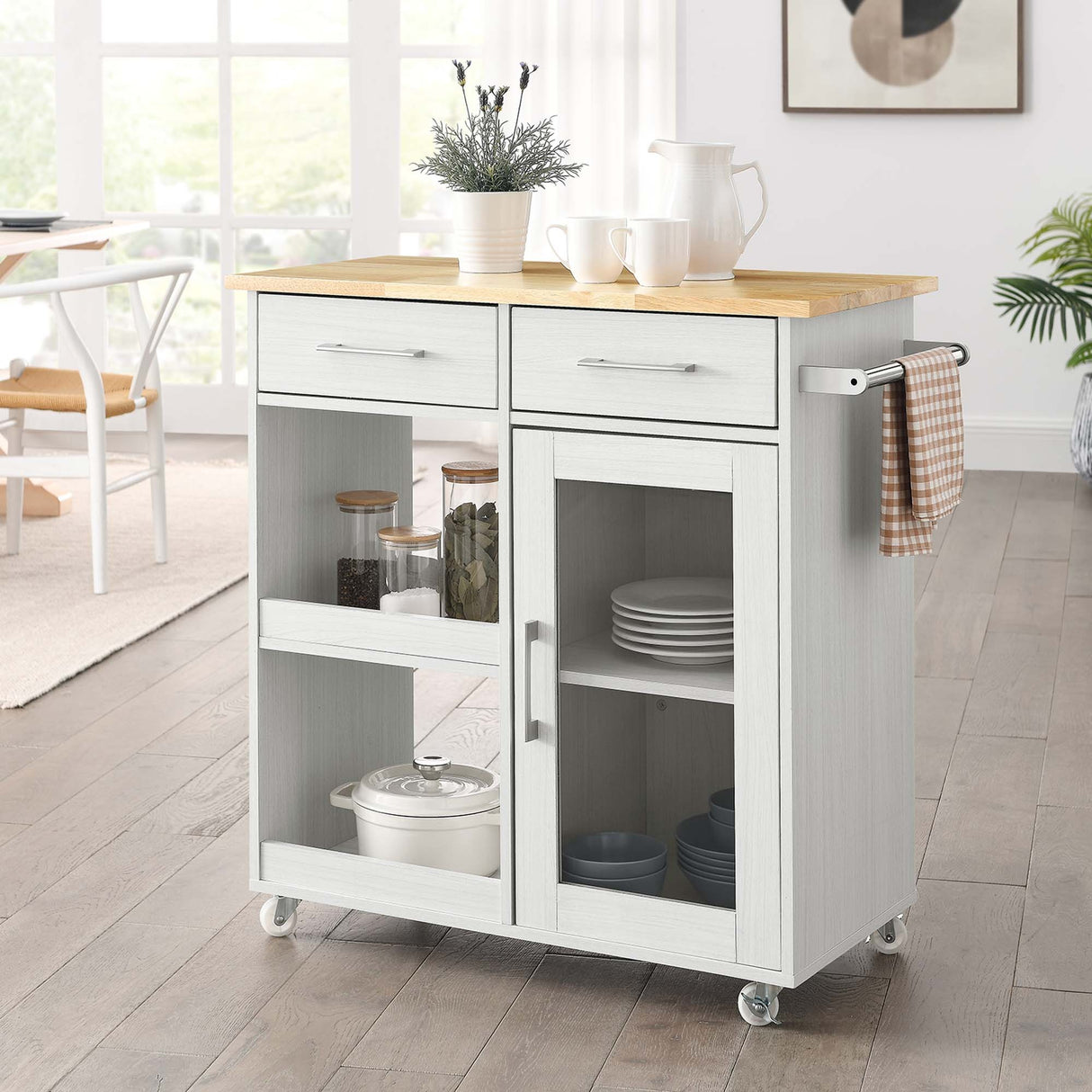 Modern Rolling Kitchen Cart with Rubberwood Top and Towel Bar β 34 Inch