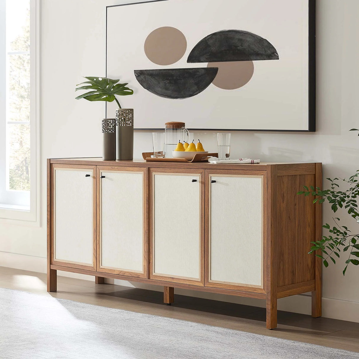 Modern Wood Grain Sideboard Storage Cabinet – Walnut 65 Inch