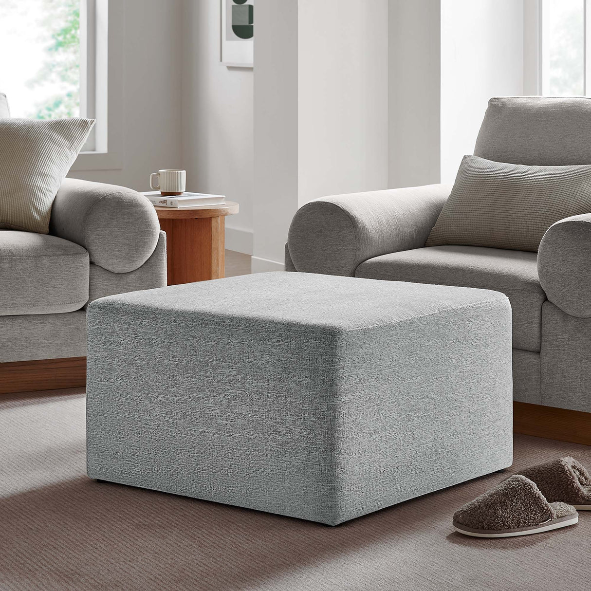Square Woven Fabric Ottoman – Heathered Upholstered 28 Inch