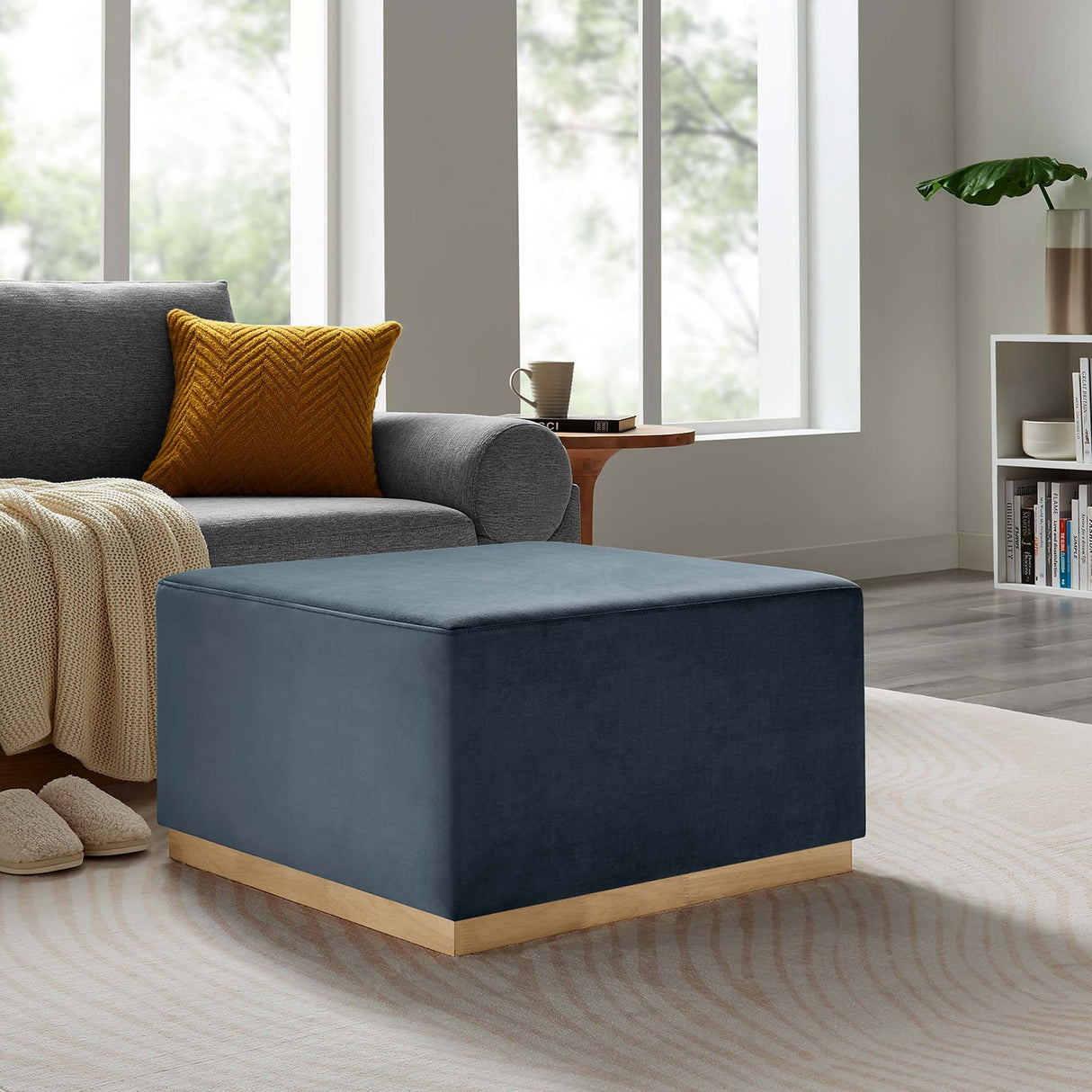 Square Velvet Upholstered Ottoman – Plinth Base 28 Inch