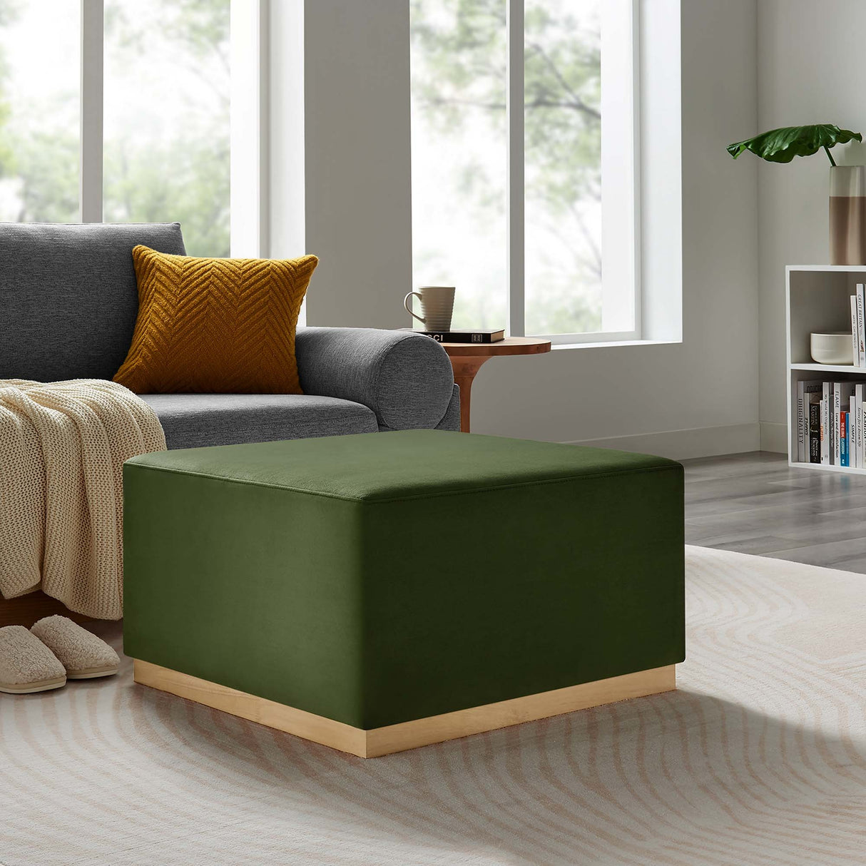 Square Velvet Upholstered Ottoman – Plinth Base 28 Inch