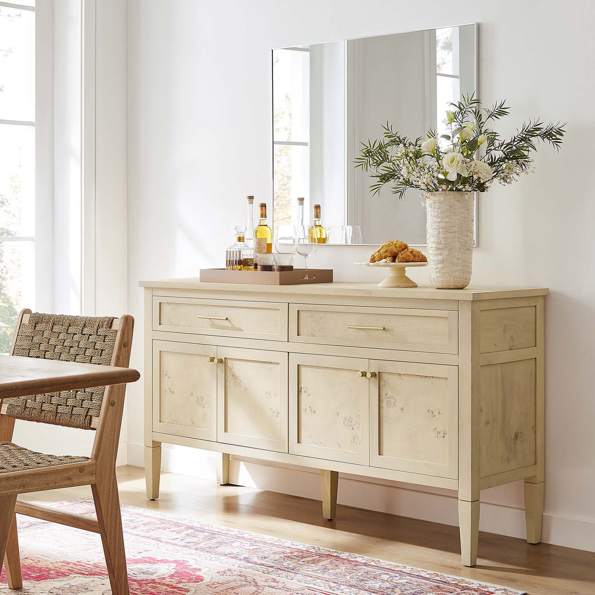 Burl Wood Sideboard Storage Cabinet with Drawers – Wood Finish 62 Inch