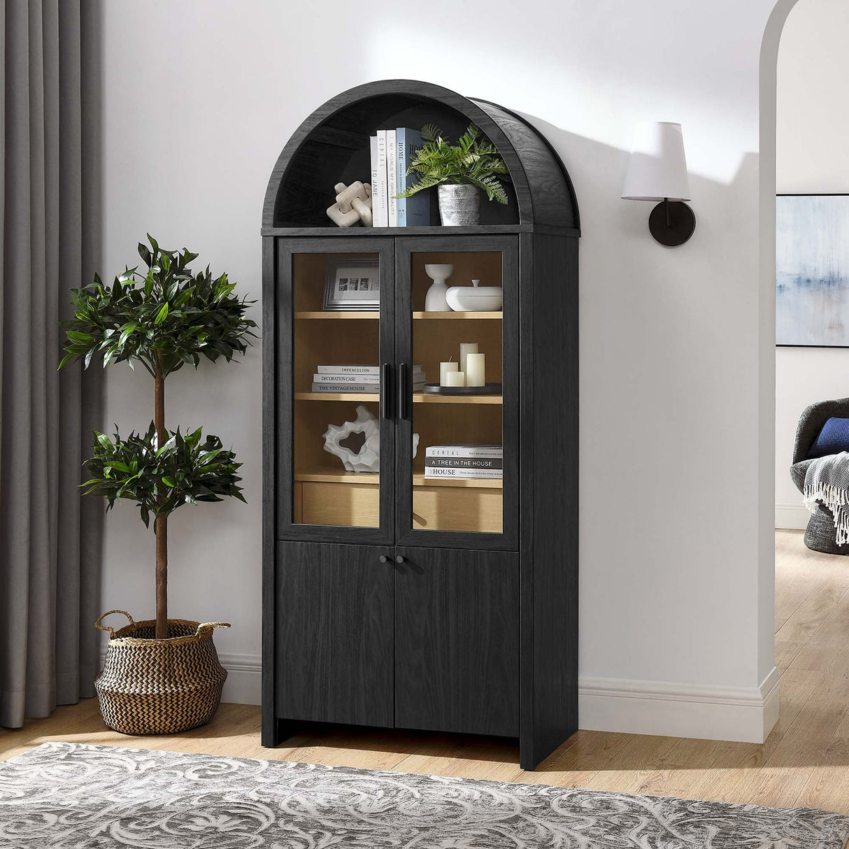 Modern Arched Glass Door Tall Storage Display Cabinet – 71 Inch