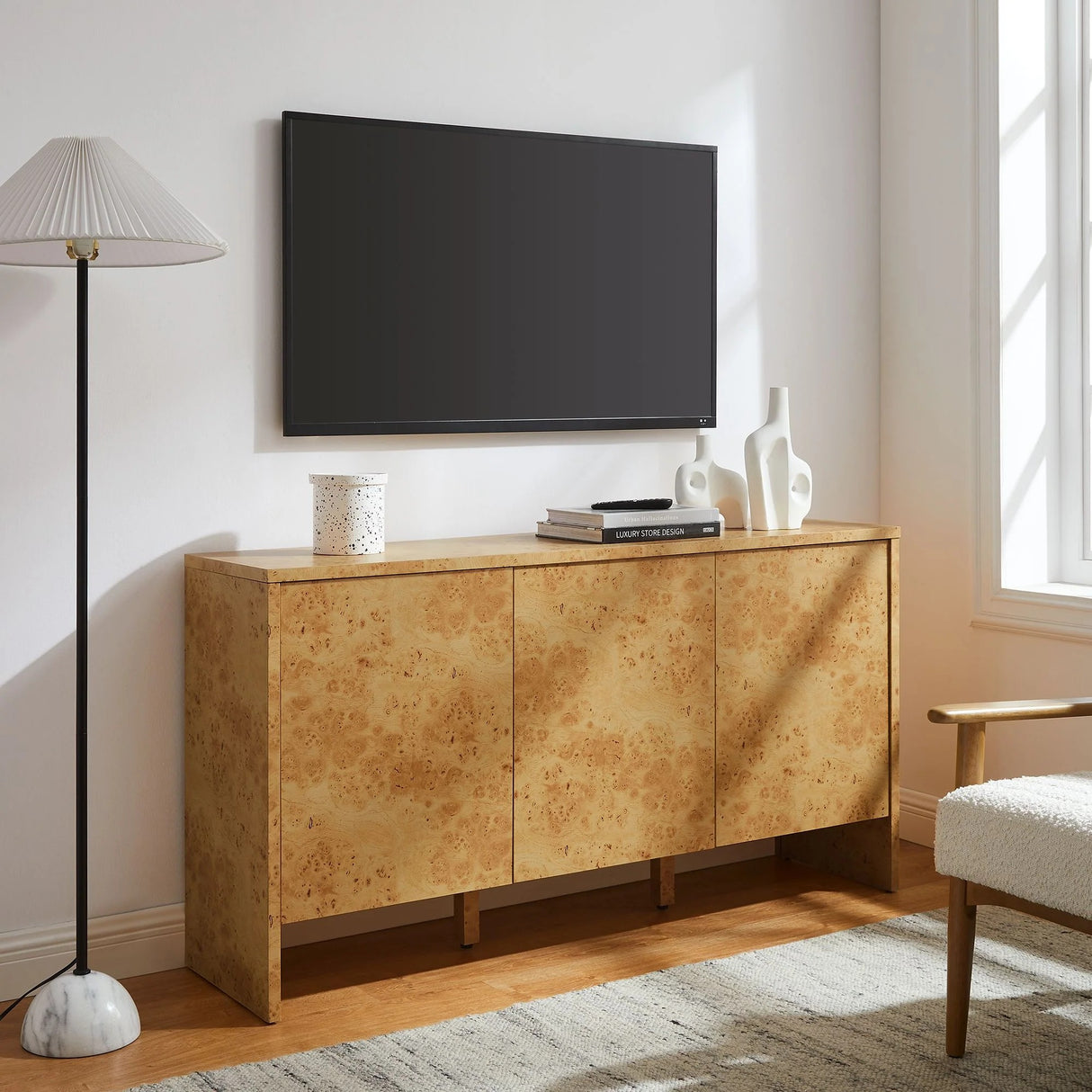 Modern Burl Wood 3-Door Sideboard β Natural 60 Inch