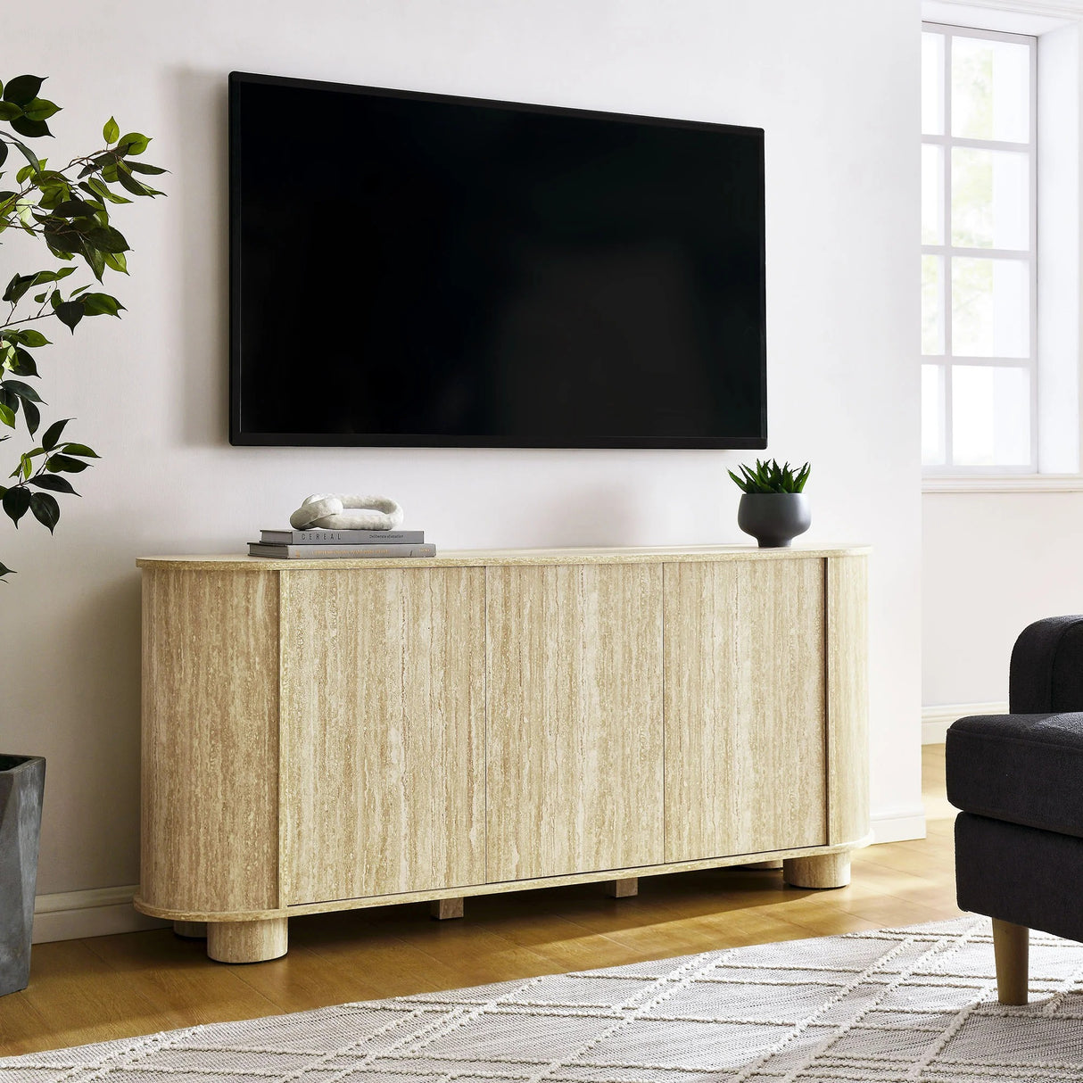 Oval Faux Travertine Sideboard Storage Cabinet – Beige Stone Finish 63 Inch