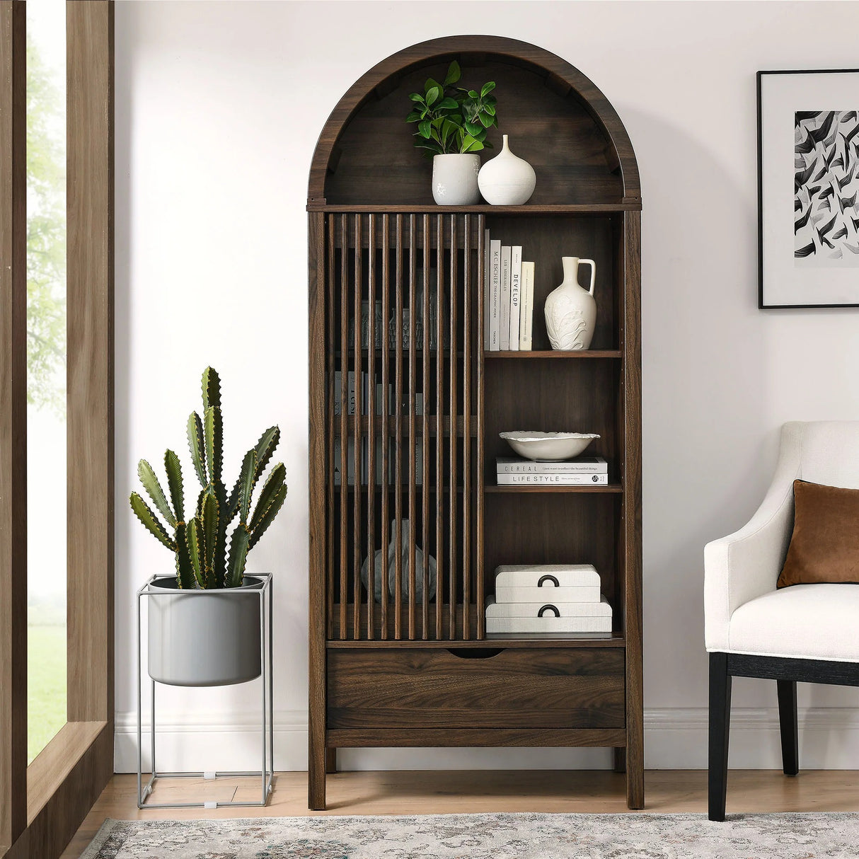 Modern Slatted Sliding Door Arched Tall Storage Cabinet – 71 Inch