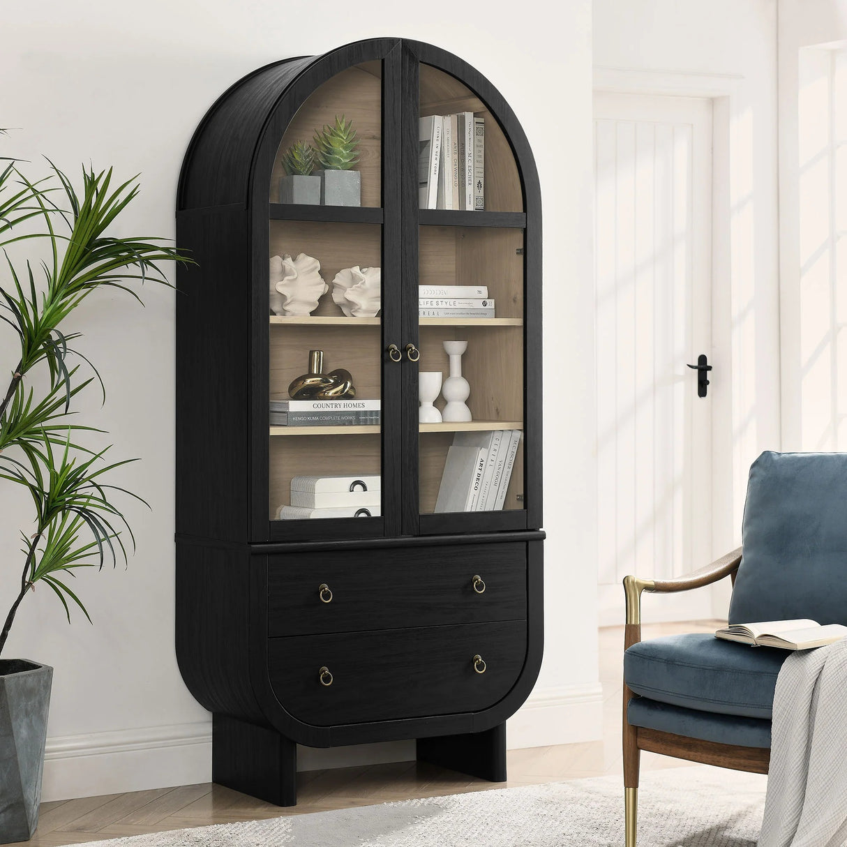 Modern Black Arched Tall Wood Storage Display Cabinet – 74 Inch