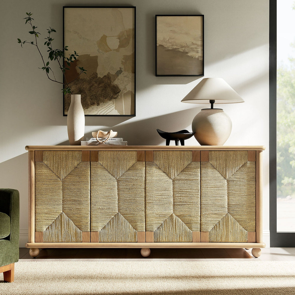 Seagrass Door Sideboard Storage Cabinet – Oak Wood 71 Inch