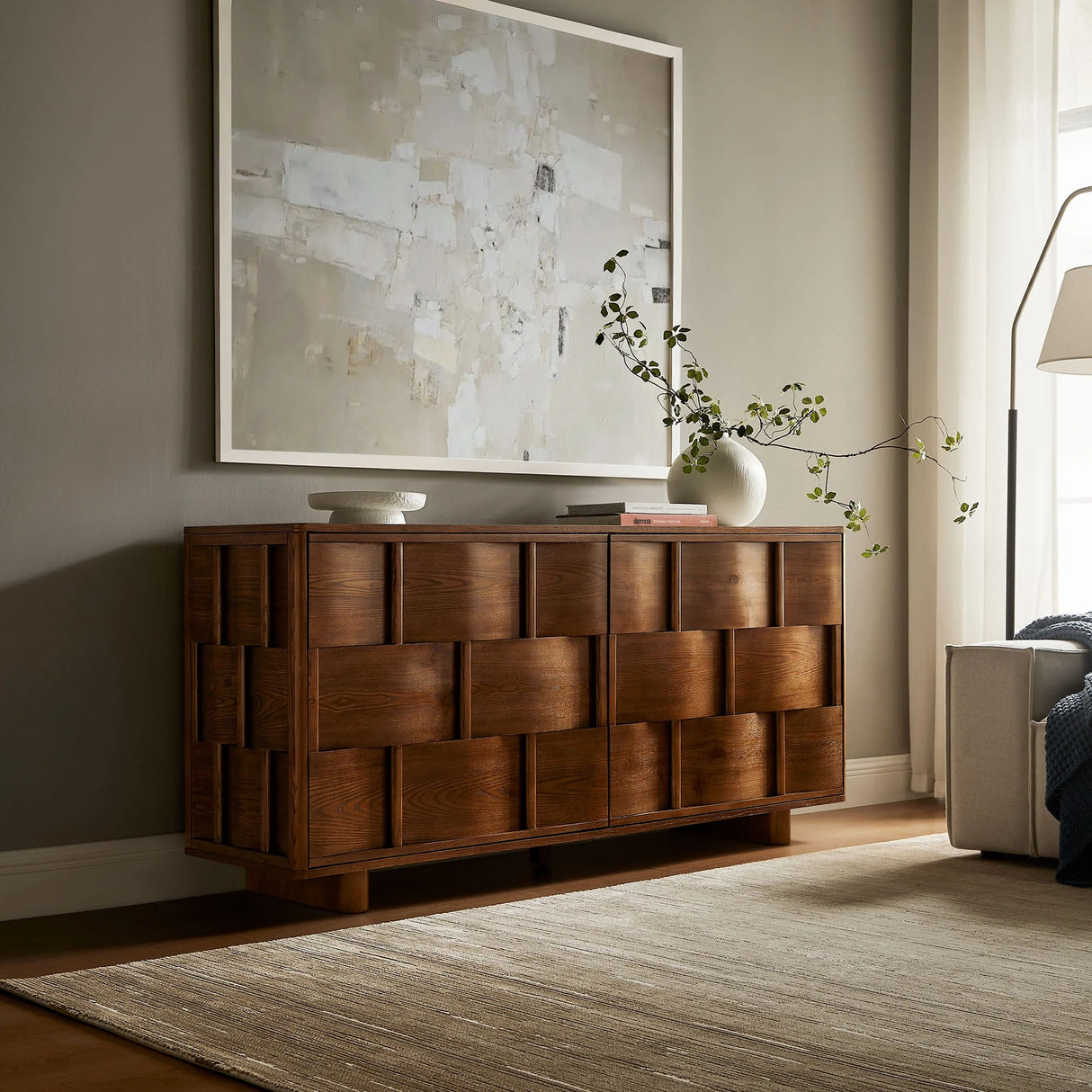 Woven Pattern Sideboard Storage Cabinet – Wood Finish 71 Inch