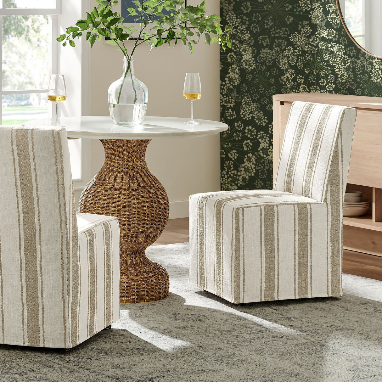 Striped Slipcovered Parsons Dining Side Chair with Hidden Casters