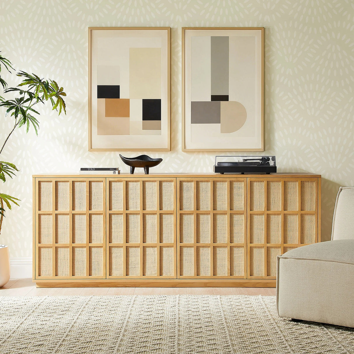 Japandi Sideboard Storage Cabinet with Woven Doors – Light Oak 76 Inch