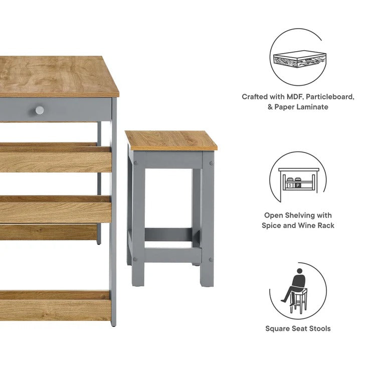 Modern Oak Gray 3-Piece Kitchen Island and Stool Set – 47 Inch