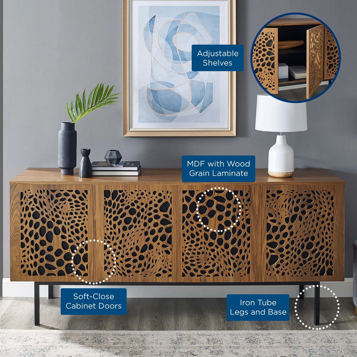 Wood TV Stand with Sliding Doors and Storage – Walnut Finish 73 Inch