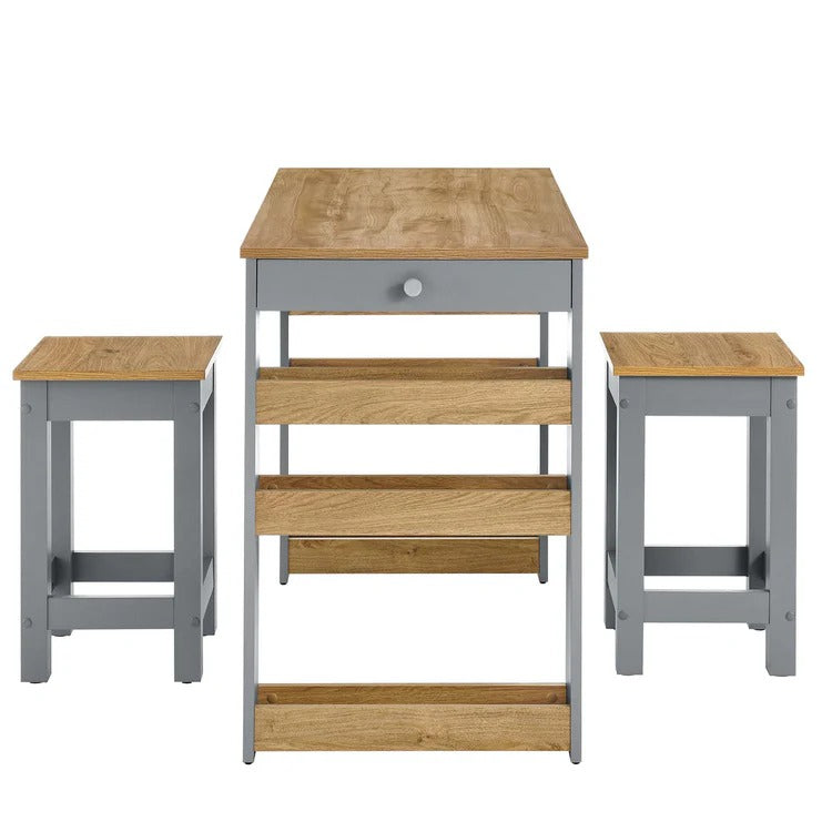 Modern Oak Gray 3-Piece Kitchen Island and Stool Set – 47 Inch
