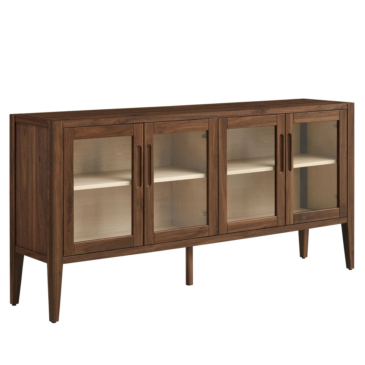 Mid-Century Modern 4-Door Glass Sideboard Storage Cabinet – Walnut 72 Inch