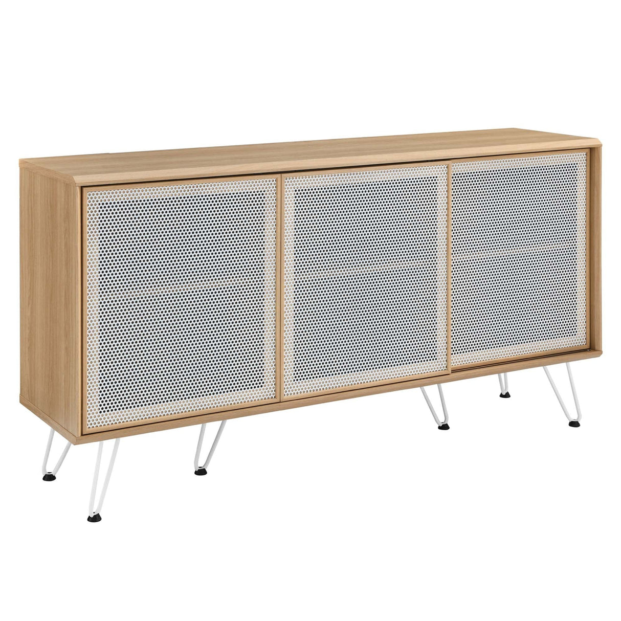 Industrial Metal Mesh 3-Door Sideboard – Wood Grain 59 Inch