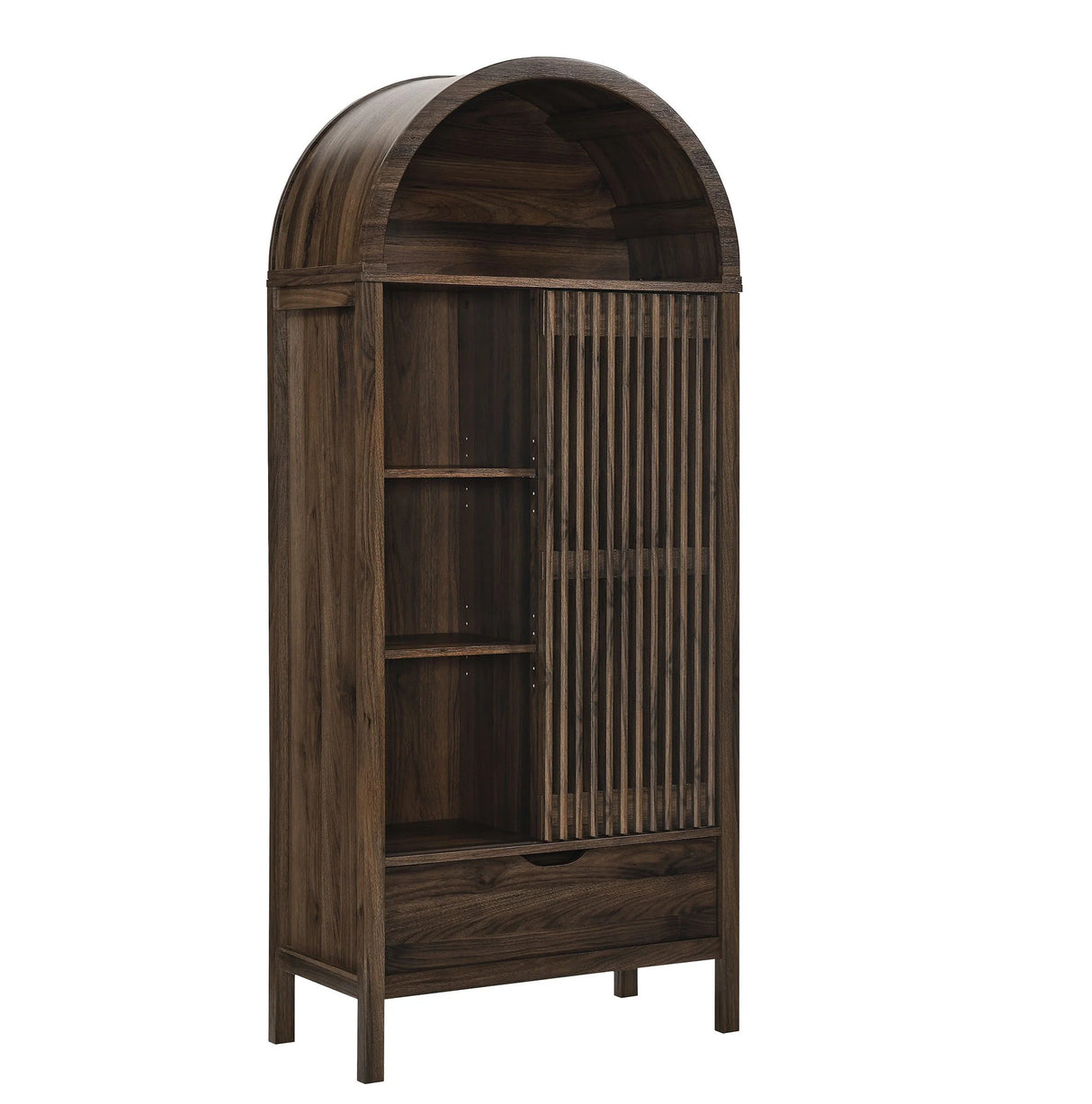 Modern Slatted Sliding Door Arched Tall Storage Cabinet – 71 Inch