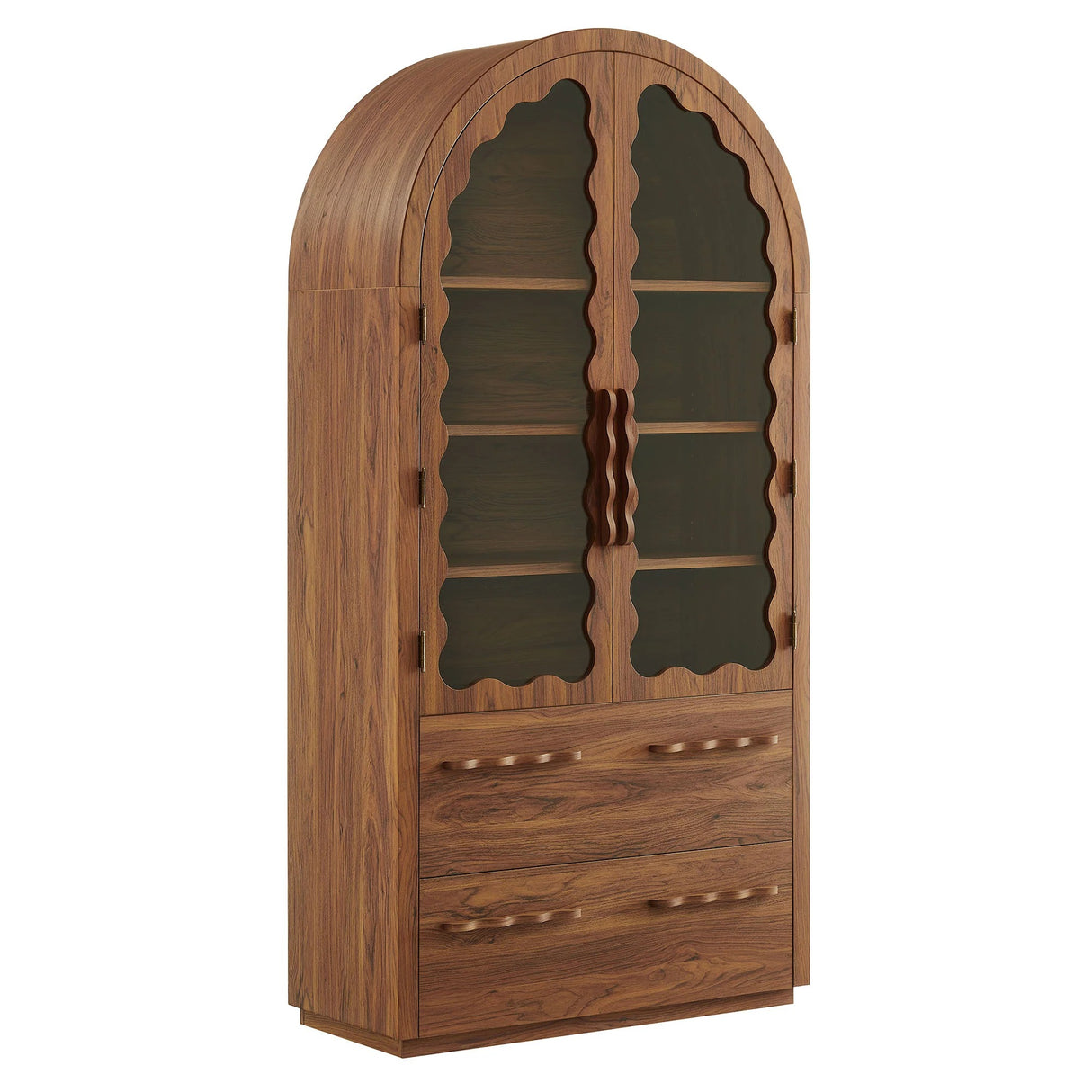 76 Inch Arched Scalloped Glass Door Kitchen Pantry Cabinet – Wood Grain