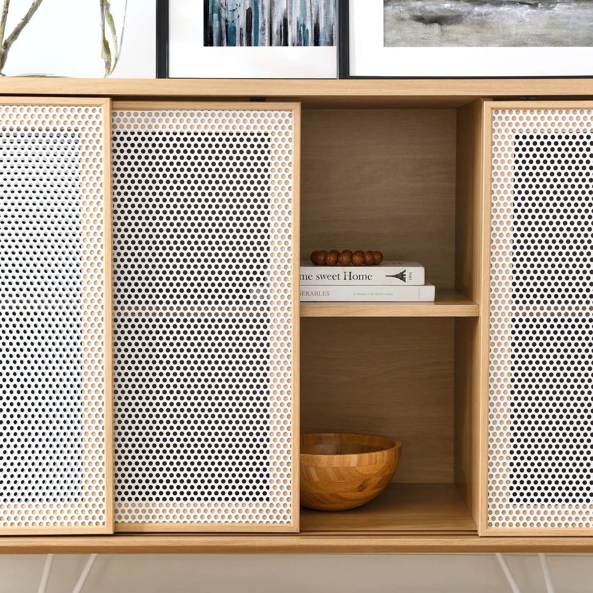 Industrial Metal Mesh 3-Door Sideboard – Wood Grain 59 Inch