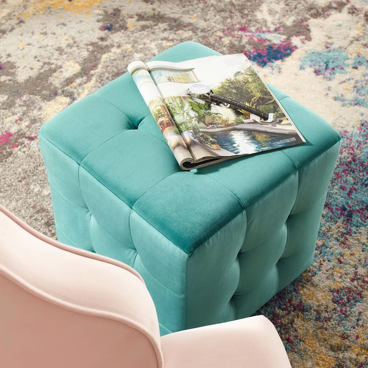 Tufted Cube Velvet Ottoman β 15 Inch Upholstered