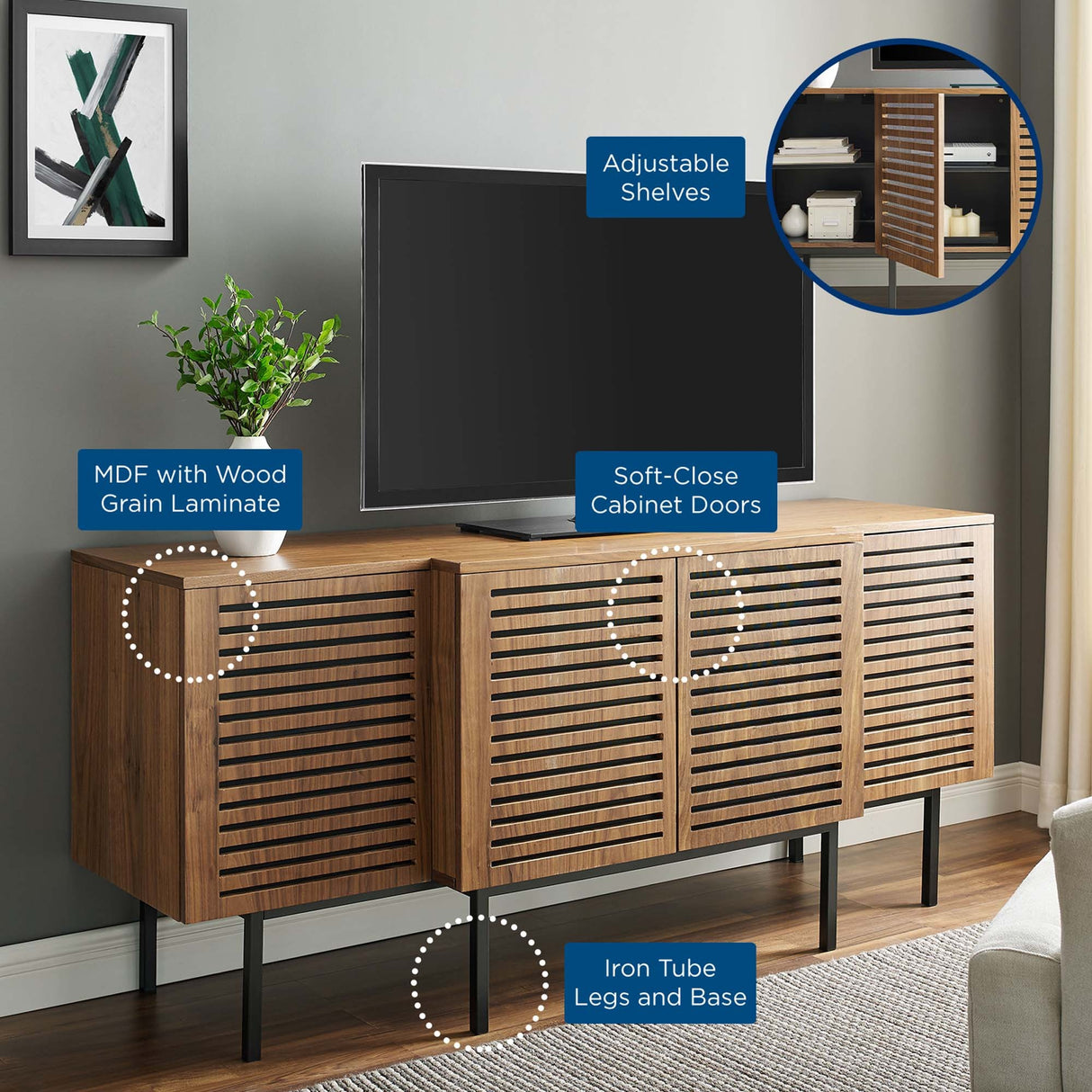 Slatted Wood Sideboard Storage Cabinet with Metal Legs – Walnut Finish 73 Inch