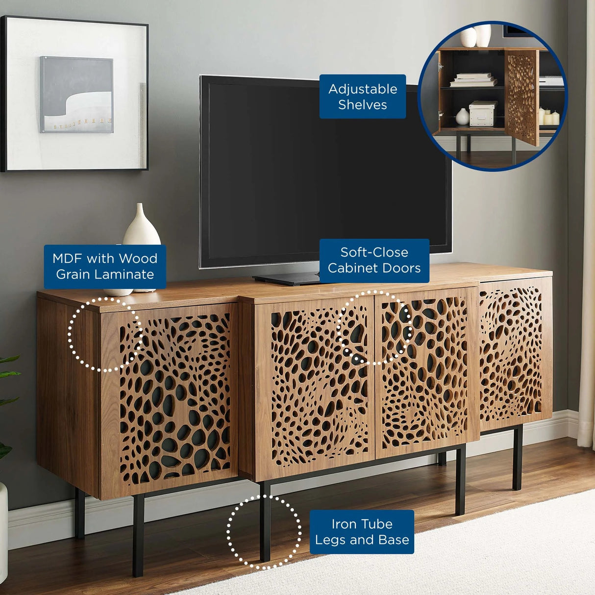 Wood Sideboard Storage Cabinet with Sliding Back Panel – Walnut Finish 73 Inch