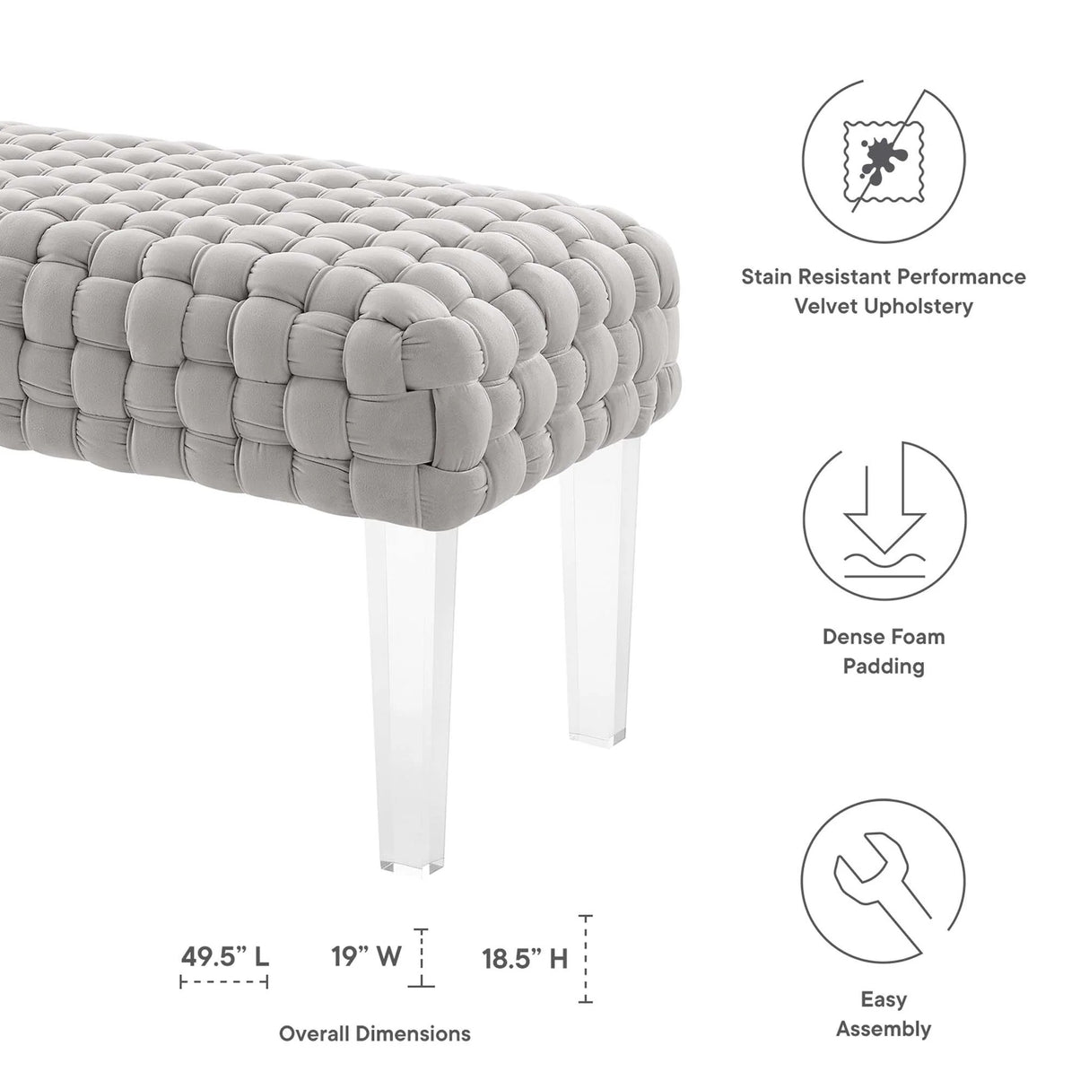 Woven Velvet Bench Ottoman with Acrylic Legs – 50 Inch