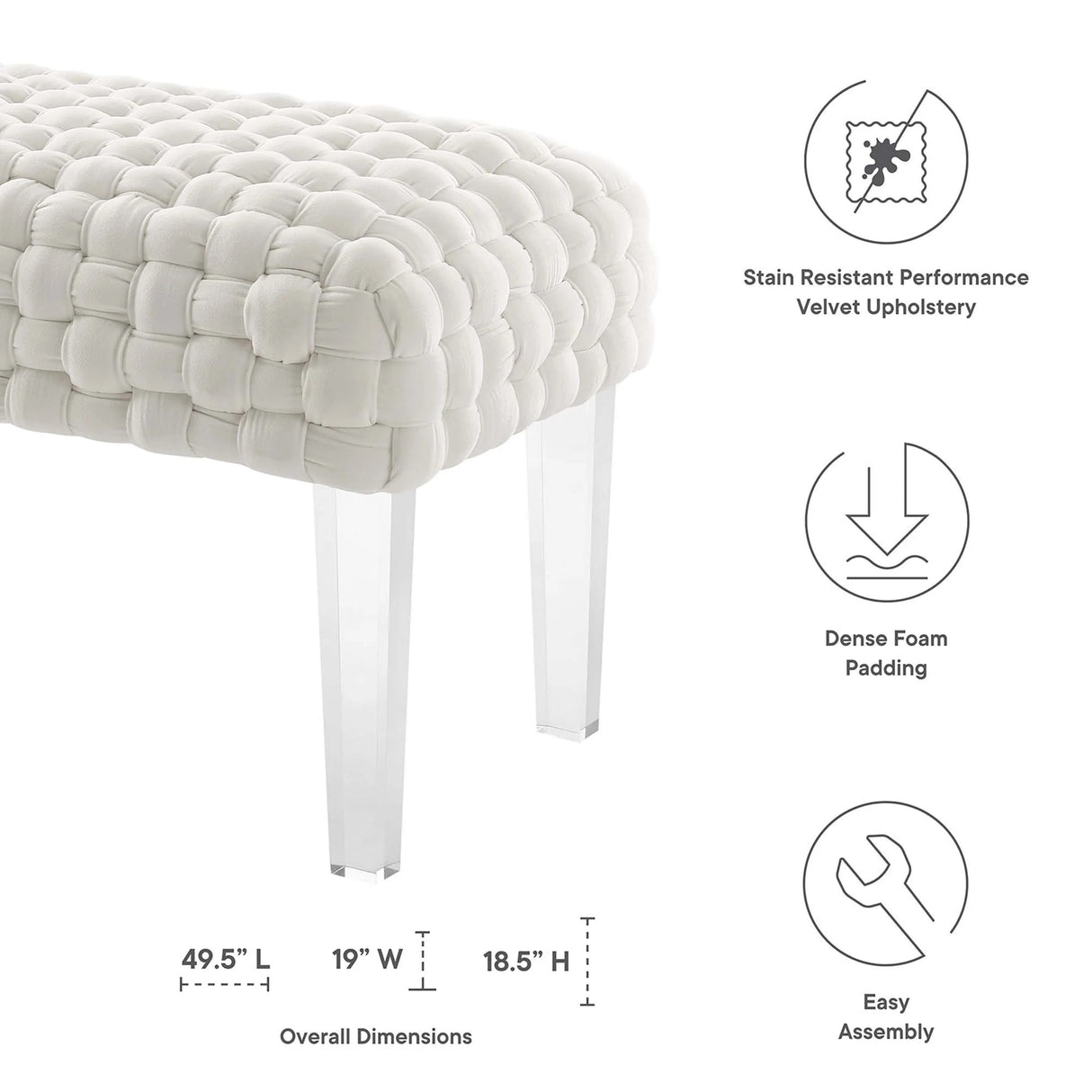 Woven Velvet Bench Ottoman with Acrylic Legs – 50 Inch