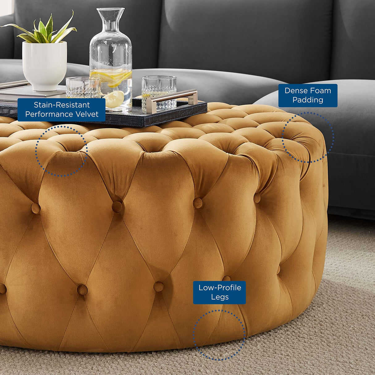 Large Round Tufted Velvet Ottoman – Upholstered 40 Inch