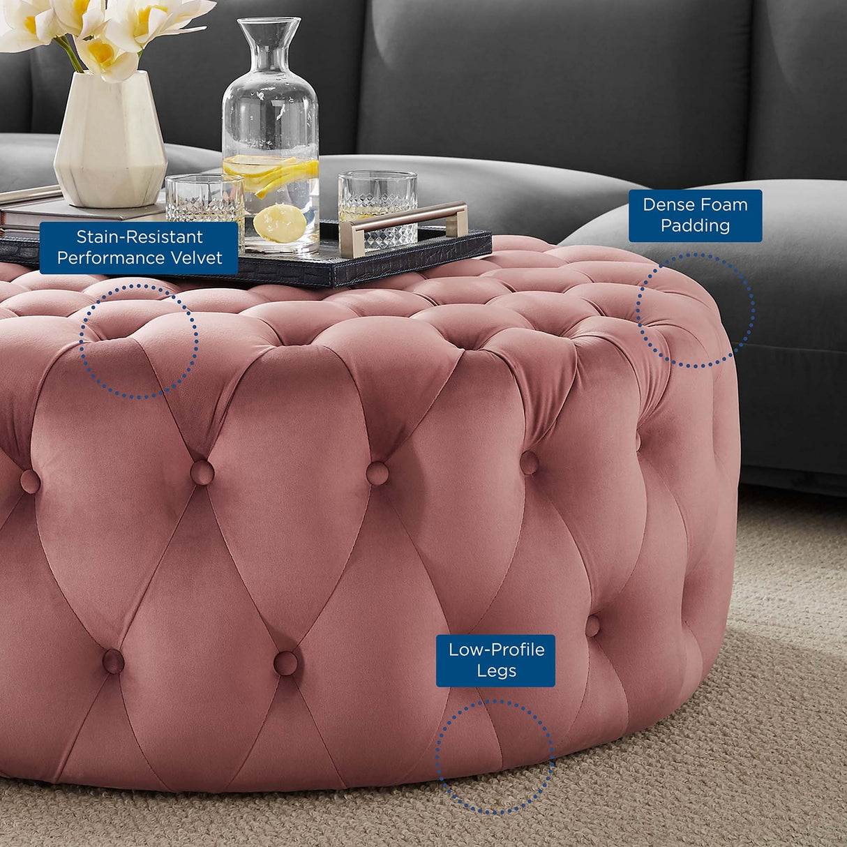 Large Round Tufted Velvet Ottoman – Upholstered 40 Inch