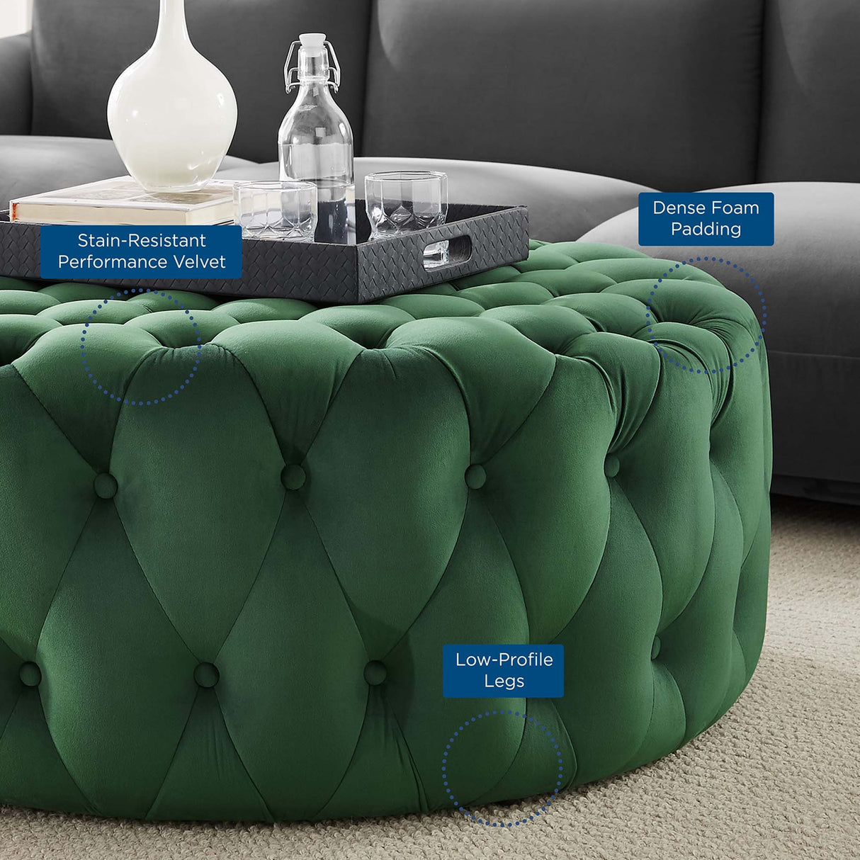 Large Round Tufted Velvet Ottoman – Upholstered 40 Inch