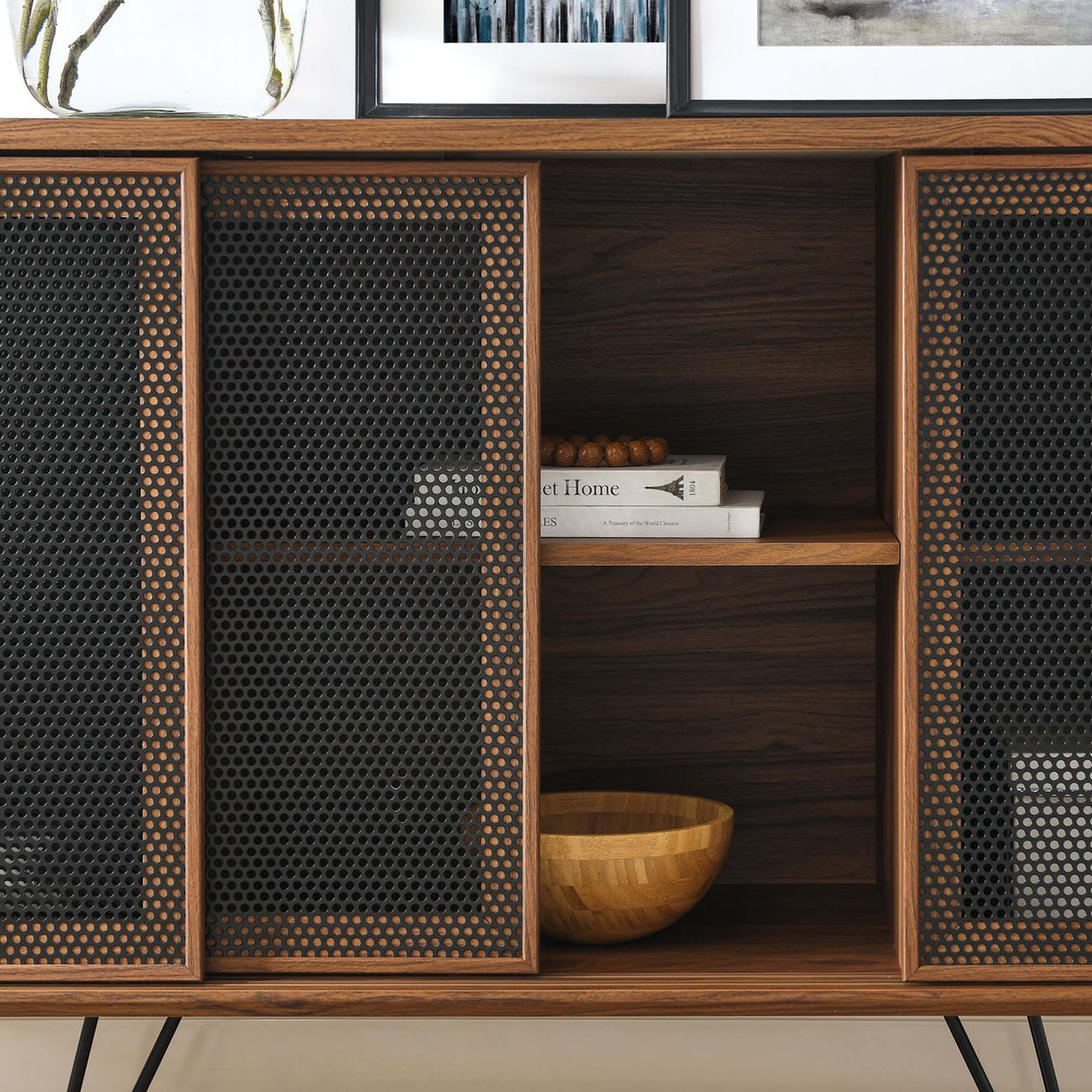 Industrial Metal Mesh 3-Door Sideboard – Wood Grain 59 Inch