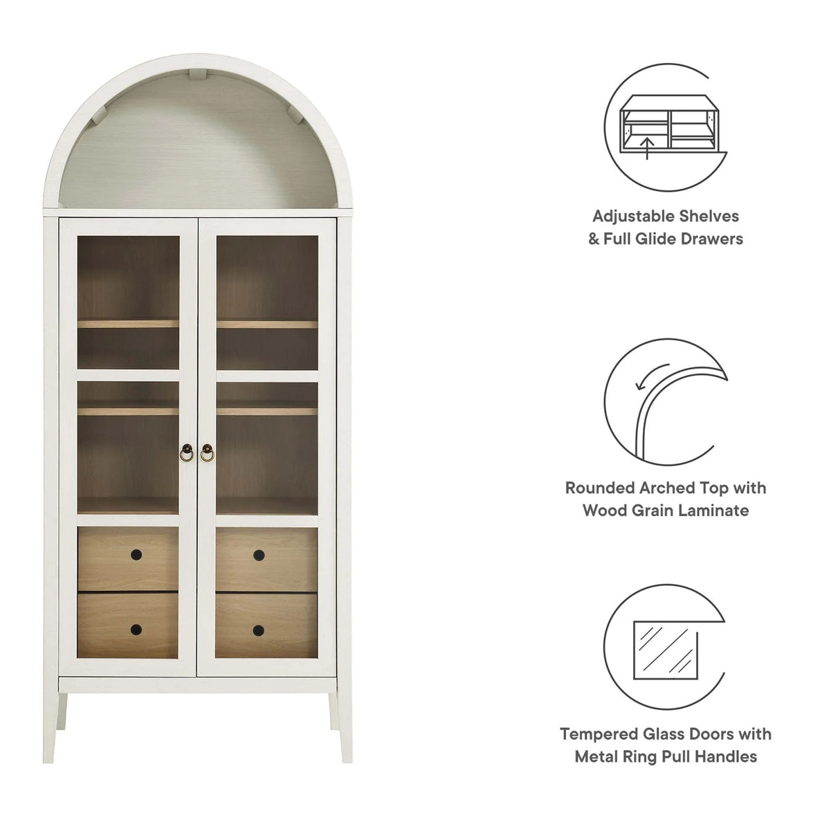 Modern Farmhouse Arched Tall Wood Storage Display Cabinet – Wood Grain 71 Inch