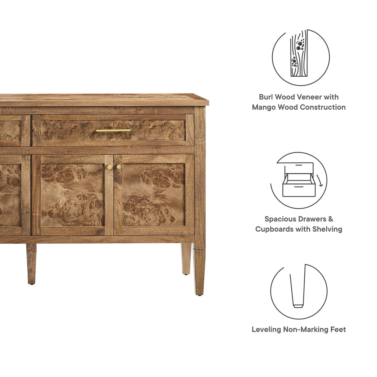 Burl Wood Sideboard Storage Cabinet with Drawers – Wood Finish 62 Inch