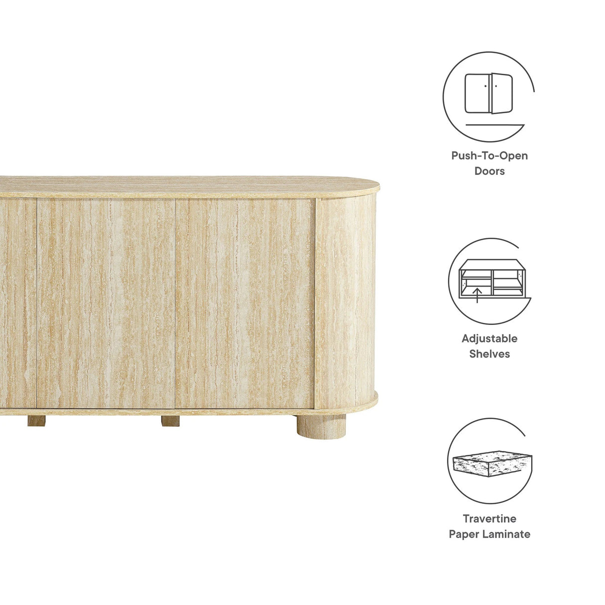 Oval Faux Travertine Sideboard Storage Cabinet – Beige Stone Finish 63 Inch
