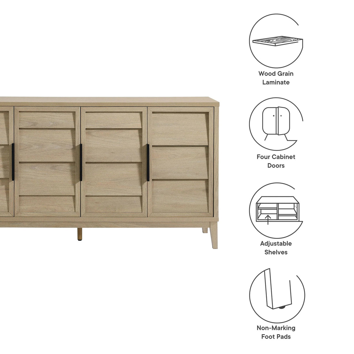 Modern Horizontal 4-Door Sideboard – Wood Grain 59 Inch