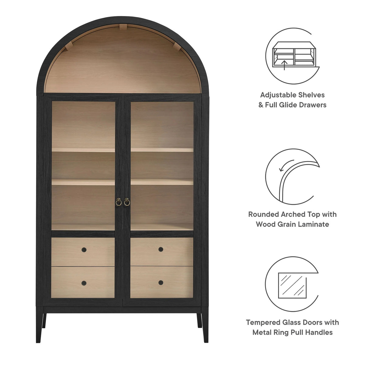 Modern Farmhouse Arched Tall Wood Storage Display Cabinet – Wood Grain 74 Inch