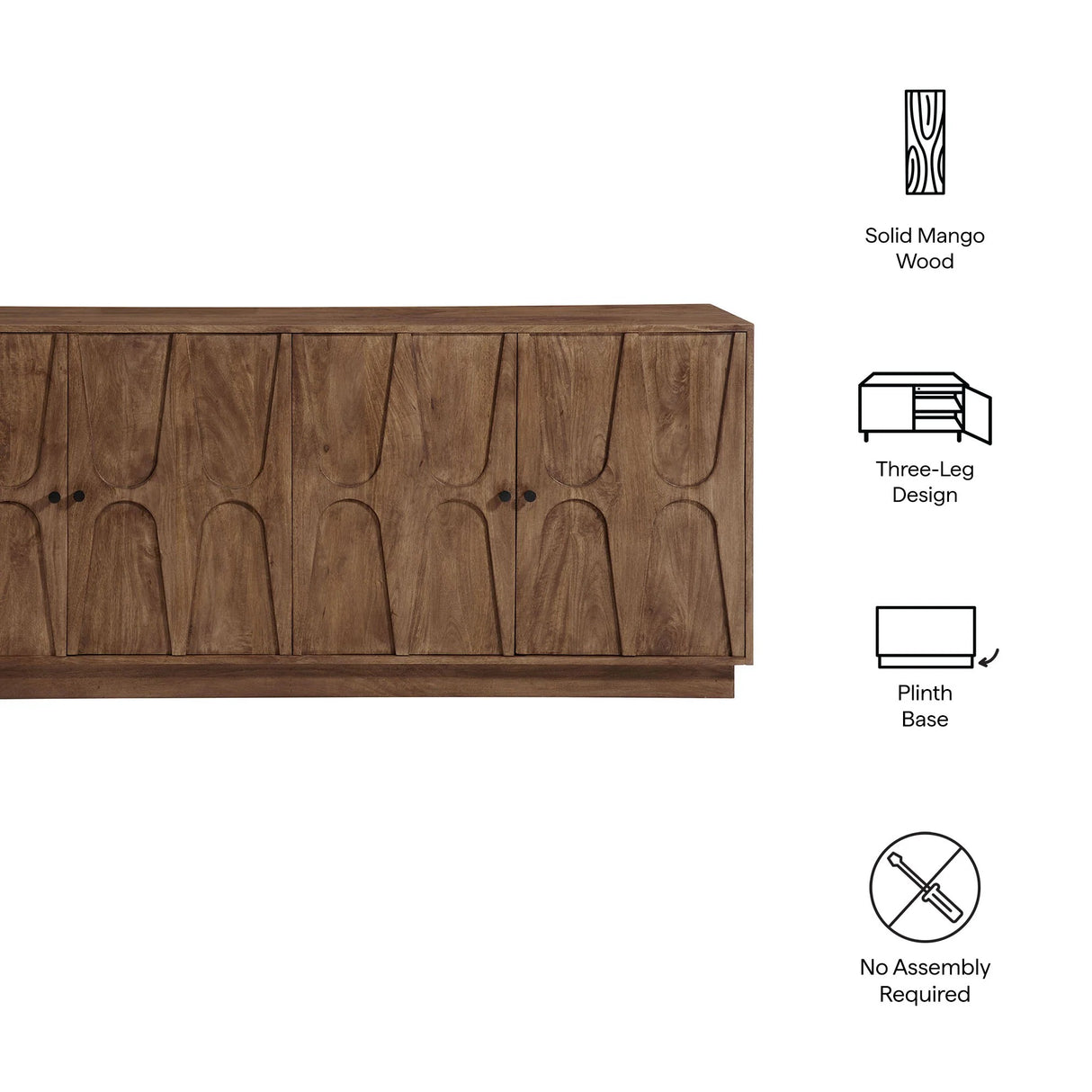 Carved Solid Mango Wood 4 Door Sideboard – Walnut 72 Inch