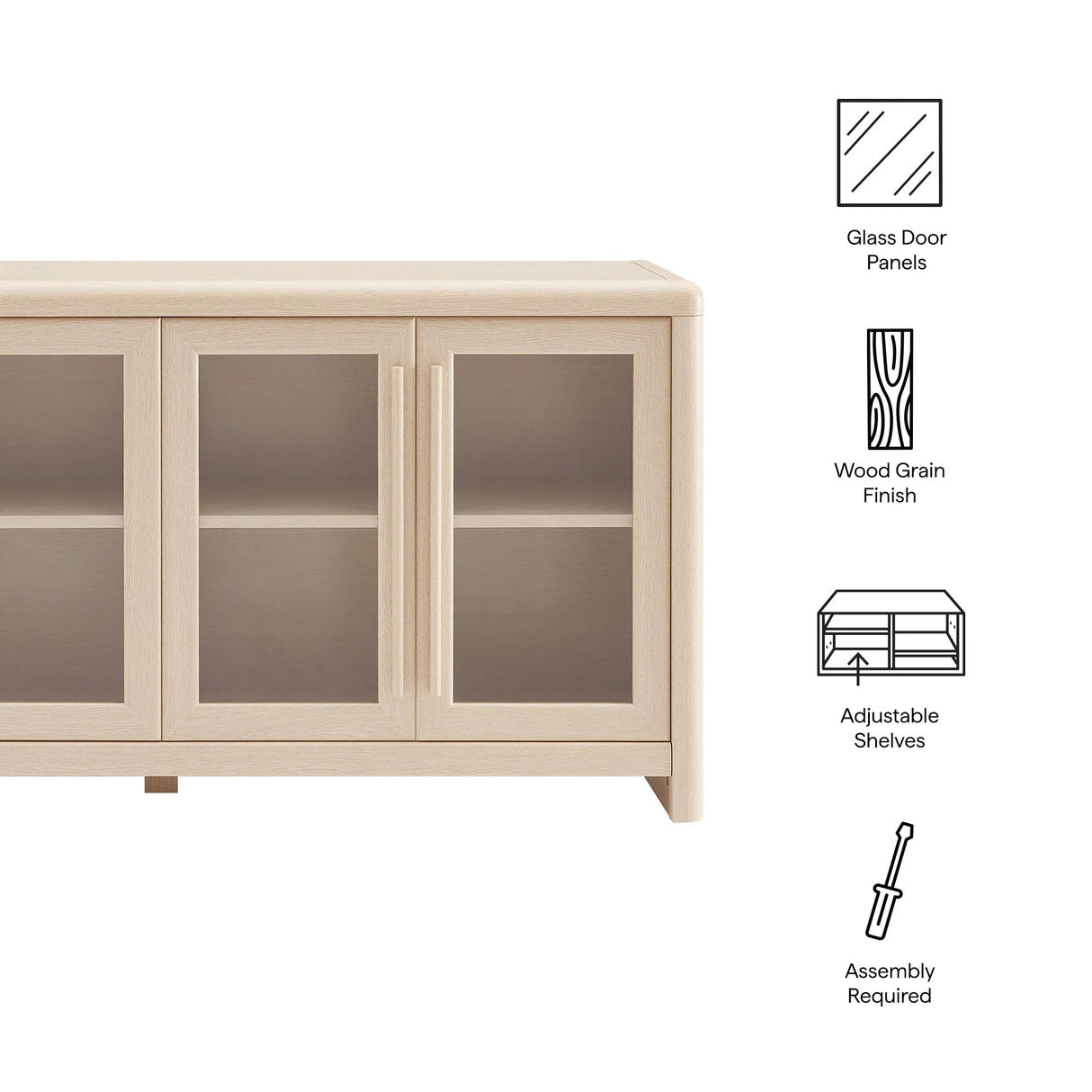 Modern Farmhouse 4-Door Glass Sideboard Storage Cabinet – Wood Grain 63 Inch