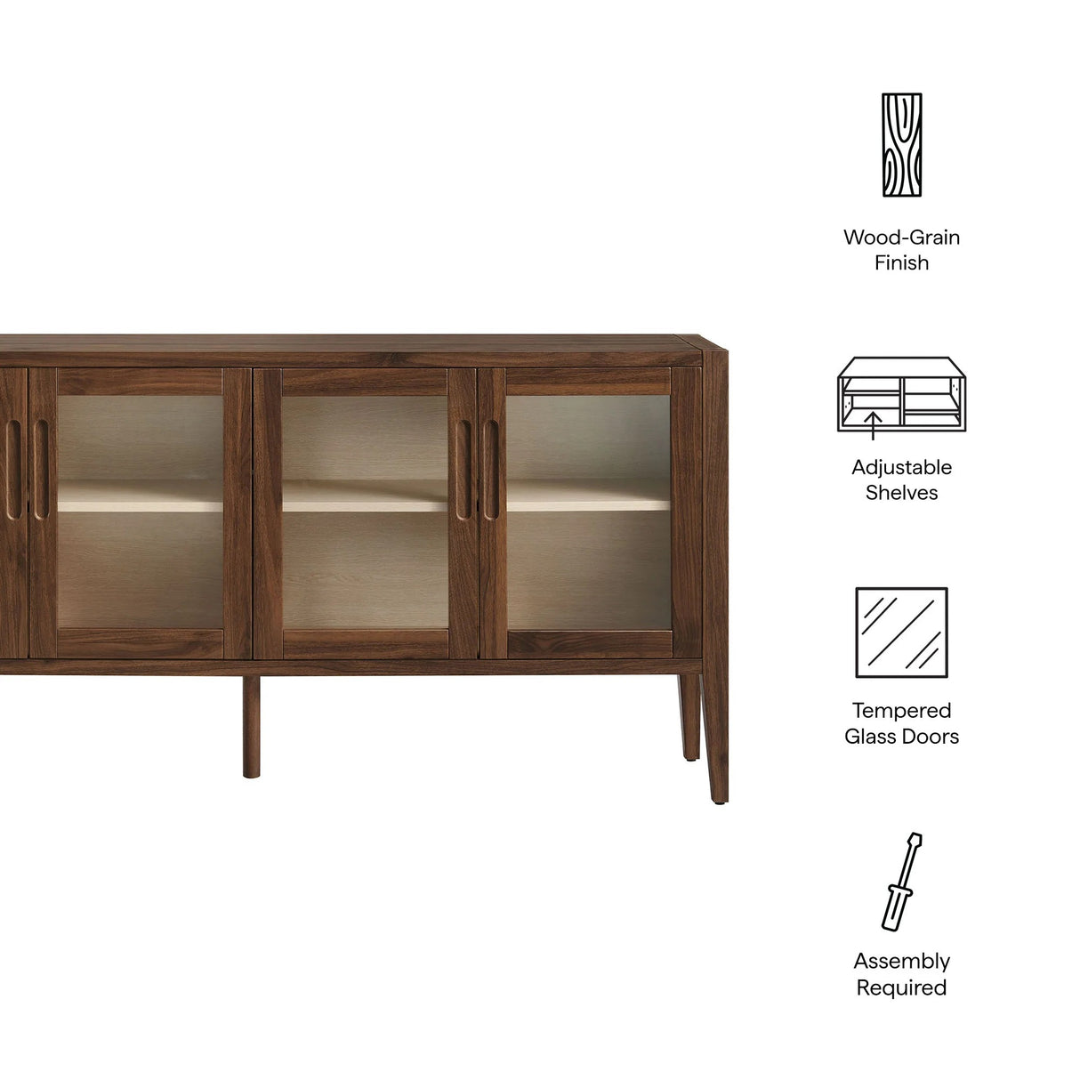 Mid-Century Modern 4-Door Glass Sideboard Storage Cabinet – Walnut 72 Inch