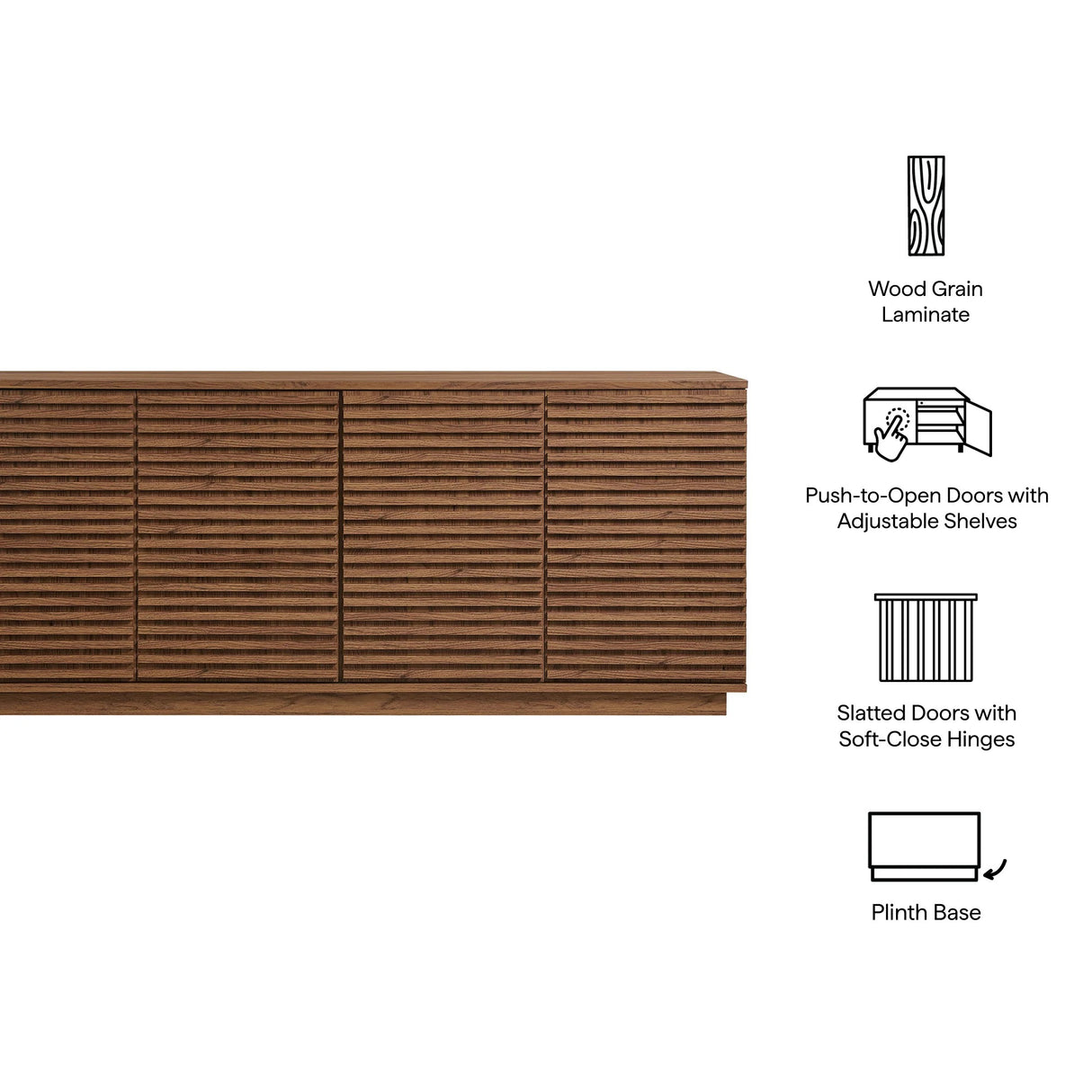 Mid-Century Fluted 4-Door Sideboard Cabinet – Wood Grain 71 Inch