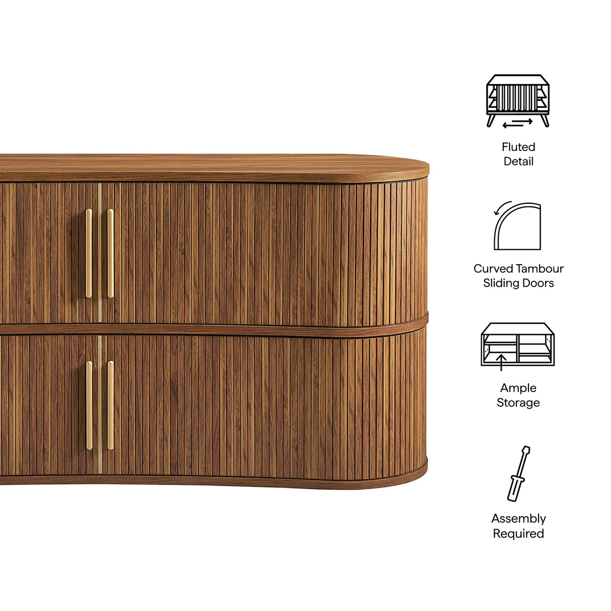 Curved Fluted Sideboard Storage Cabinet with Sliding Doors – Wood Finish 63 Inch