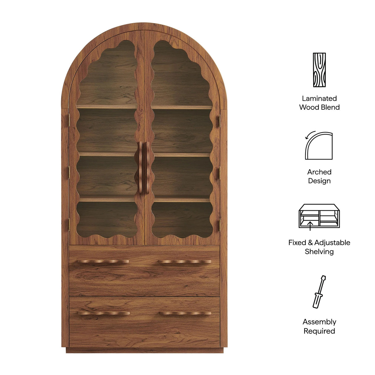 76 Inch Arched Scalloped Glass Door Kitchen Pantry Cabinet – Wood Grain