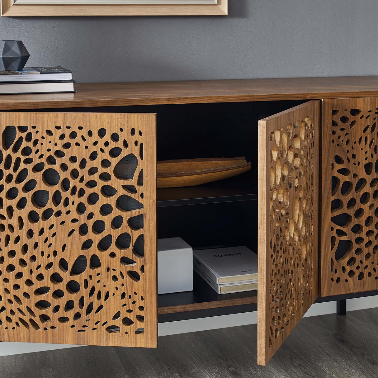 Wood TV Stand with Sliding Doors and Storage – Walnut Finish 73 Inch